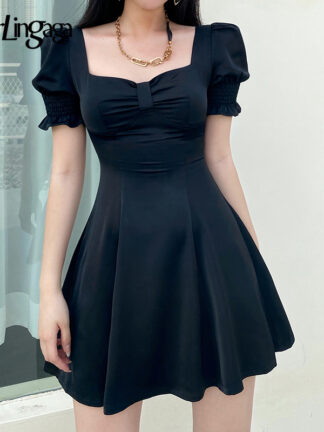 Купить Darlingaga Fashion Elegant Square Neck Ruched Black Dress Women Solid Party Puff Sleeve Summer Dress Mini High Waist Vintage New