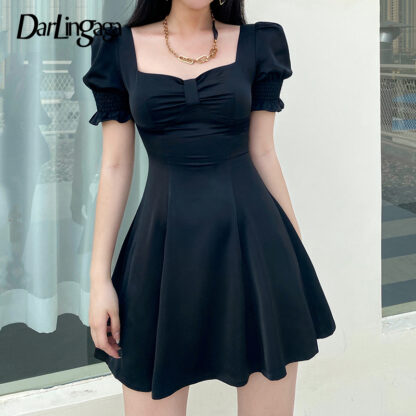 Купить Darlingaga Fashion Elegant Square Neck Ruched Black Dress Women Solid Party Puff Sleeve Summer Dress Mini High Waist Vintage New