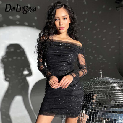 Купить Bling Glitter Off Shoulder Bodycon Club Party Dress Mini Fashion Mesh Patchwork Ruched Sexy Dresses Women Transparent