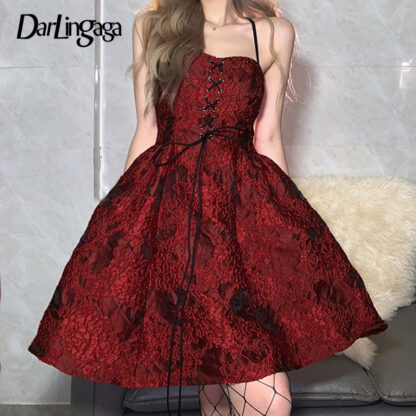 Купить Darlingaga Vintage Fashion Strap Red Jacquard Party Dress Female Backless Lace Up Ball Gown Sexy Dresses Evening Summer Sundress