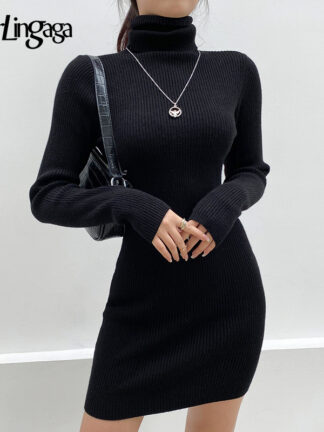 Купить Darlingaga Solid Long Sleeve Knitted Bodycon Autumn Winter Dress Women Mini Casual Basic Slim Turtleneck Dresses Black Vestidos