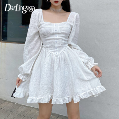 Купить Darlingaga Elegant Chic Square Neck Puff Sleeve White Dress Female Ruffles Solid Corset Pleated Birthday Party Dress Fashion New