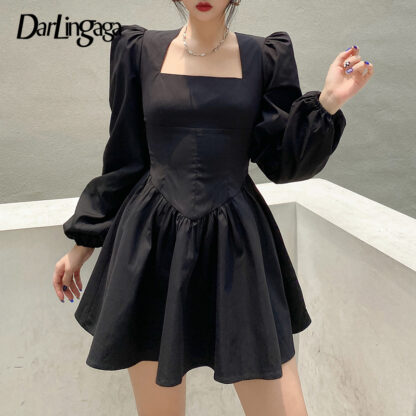 Купить Darlingaga Elegant Chic Square Neck Puff Sleeve Black Dress Female Fashion Solid Autumn Party Dresses Pleated Corset Sexy Ladies