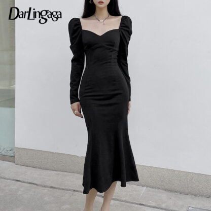 Купить Darlingaga Fashion Elegant Square Neck Long Sleeve Black Dress Spring Autumn Korean Slim Solid Ladies Mini Dress Party Clothing