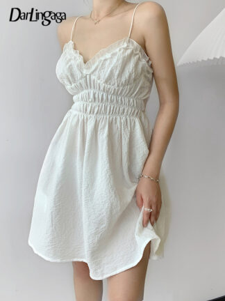 Купить Korean Fashion Ruffles Summer White Dress Women Backless Lace Up Ruched Slip Dresses Mini Solid Sundress Beach Outfit