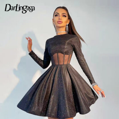 Купить Darlingaga Elegant Bling Corset Patchwork Pleated Party Dress Female Transparent Fashion Glitter Sexy Dress Mini Clubwear Cloth