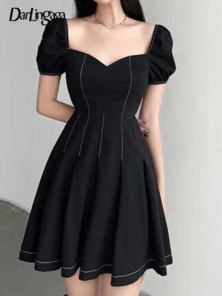 Купить Darlingaga Korean Fashion Square Collar Stripe Elegant Black Dress Summer Backless Puff Sleeve Pleated Dress Women Party Clothes