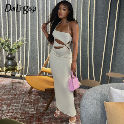 Купить Asymmetrical Fashion Halter Neck White Long Dress Female Backless Off Shoulder Club Sexy Dresses Outfits Cut Out Hot