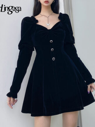 Купить Darlingaga Korean Fashion Elegant Buttons Velour Black Dress Women Ruffles A-Line Puff Sleeve Autumn Party Dresses Mini Clothes