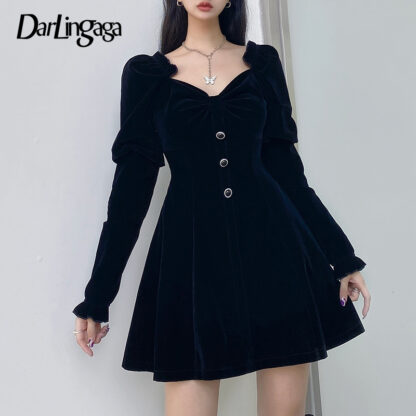 Купить Darlingaga Korean Fashion Elegant Buttons Velour Black Dress Women Ruffles A-Line Puff Sleeve Autumn Party Dresses Mini Clothes