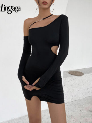 Купить Fashion One Shoulder Asymmetrical Bodycon Sexy Dress Long Sleeve Basic Cut Out Sexy Dresses Ladies Club Party Clothes