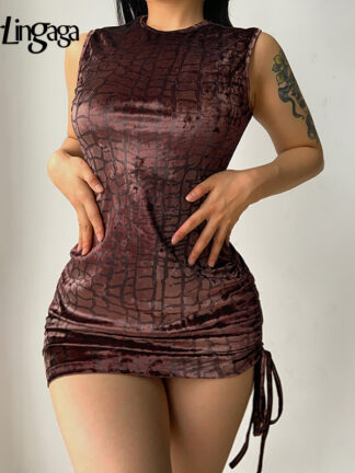 Купить Vintage Fashion Brown Tank Bodycon Dress Mini Drawstring Club Party Sexy Dresses Female Sleeveless Slim Print Clothes