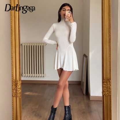 Купить Darlingaga Korean Fashion Solid Long Sleeve White Dress Mini Spring Basic Casual Preppy Beach Pleated Dress Sweet Slim Clothing