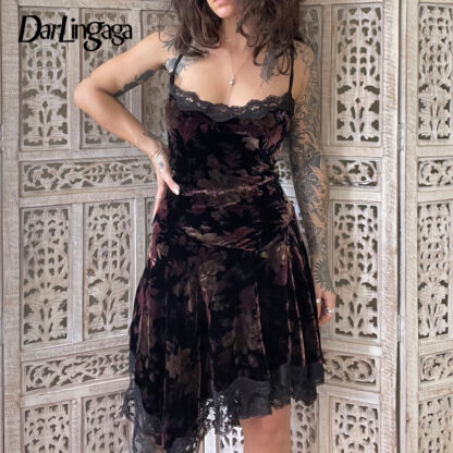 Купить Darlingaga Vintage Grunge Fairycore Lace Trim Velour Sexy Dress Women Fashion Strap Asymmetrical Printed Party Dress Gothic Dark