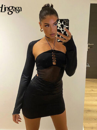 Купить Fashion Long Sleeve Lace Patchwork Halter Bodycon Black Dress Hollow Out Solid Club Party Sexy Dress Female Clothing