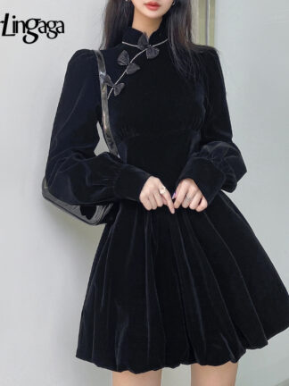 Купить Darlingaga Vintage Elegant Gothic Dark Bow Velour Black Dress Autumn Winter Chinese Style Pleated Dresses Party Diamonds Clothes