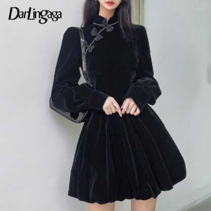 Купить Darlingaga Vintage Elegant Gothic Dark Bow Velour Black Dress Autumn Winter Chinese Style Pleated Dresses Party Diamonds Clothes