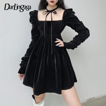 Купить Darlingaga Fashion Vintage Black Velour Autumn Winter Pleated Dress Women Mesh Patchwork Elegant Party Dresses Lace Up Clothing