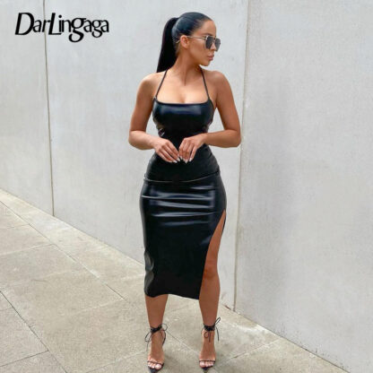 Купить Fashion Strap Halter Neck Bodycon Black PU Leather Dress Female Backless Lace Up Club Party Sexy Dresses Side Split