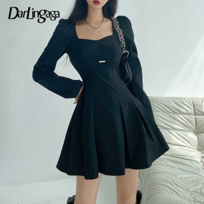 Купить Darlingaga Casual Puff Sleeve Slim Pleated Black Dress Women Korean Fashion Elegant Mini Autumn Dresses Sexy Party Puff Sleeve