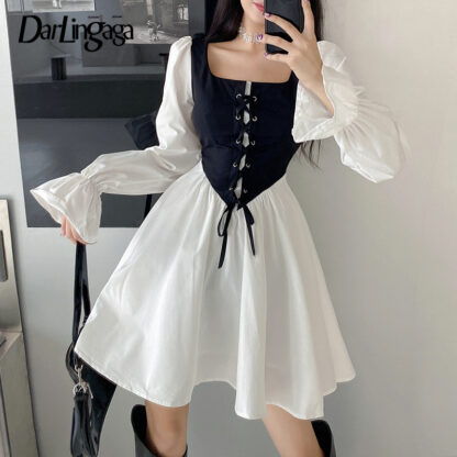 Купить Darlingaga Korean Fashion Square Neck Corset Patchwork Party Dress Female Casual Puff Sleeve Lace Up Pleated Dress Autumn Mini