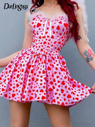 Купить Darlingaga Sweet Pink Heart Printed Strapless Corset Pleated Dress Mini Fashion Ruffles Patchwork Bow Summer Dress Party Clothes