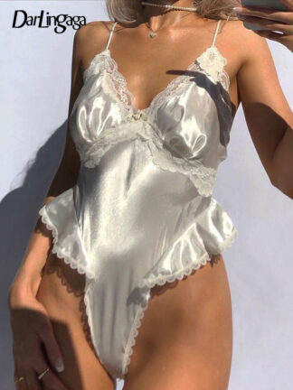 Купить V Neck Spaghetti Strap Fashion Lace Patchwork White Sexy Bodysuit Women Satin Skinny Body Suit Summer Catsuit Clothes