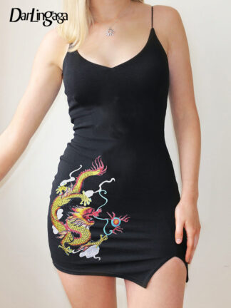 Купить Vintage Fashion Chinese Dragon Printed Bodycon Summer Dress Black Spaghetti Strap Elegant Dresses for Women Sundress