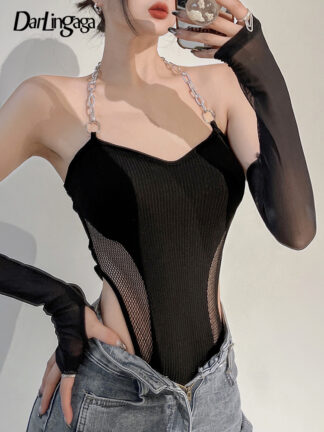 Купить Streetwear Chain Halter Black Fishnet Skinny Sexy Bodysuit Summer Backless Female Body Club Party Catsuit With Gloves