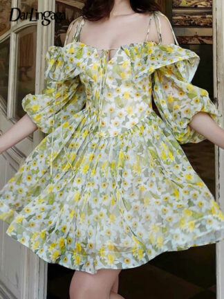 Купить Fashion Chic Strappy Summer Floral Print Corset Pleated Dress Off Shoulder Ruffles Korean Sundress Sweet Women Dress