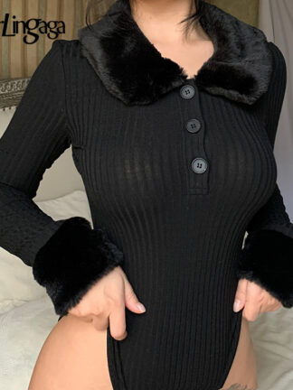 Купить Fashion Elegant Shaggy Faux Fur Collar Black Bodycon Bodysuit Women Buttons Long Sleeve Autumn Winter Body Jumpsuit