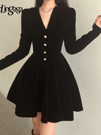 Купить Darlingaga Fashion Elegant V Neck Velvet Spring Autumn Black Dress Buttons Korean Pleated Party Dresses Female Clubwear Clothing