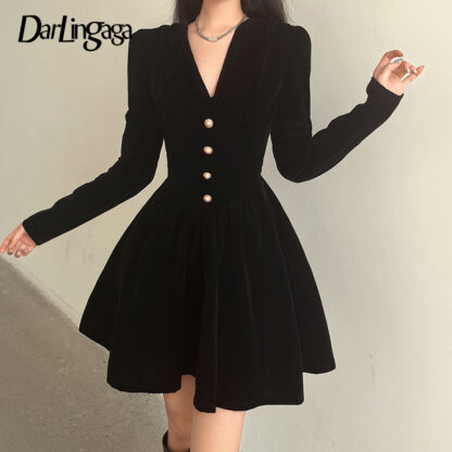 Купить Darlingaga Fashion Elegant V Neck Velvet Spring Autumn Black Dress Buttons Korean Pleated Party Dresses Female Clubwear Clothing