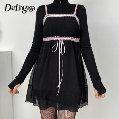 Купить Y2K Lace Patchwork Mall Gothic Grunge Strap Mesh Dress Female Chic Bow A-Line Sexy Summer Dress Transparent Outfits