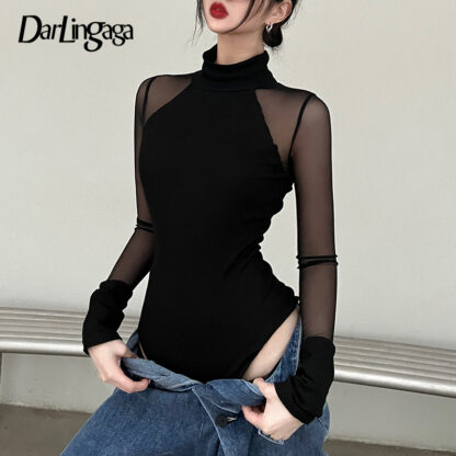 Купить Streetwear Black Patchwork Skinny Turtleneck Mesh Bodysuit Women See Through Sexy Body Suit One Piece Party Jumpsuit