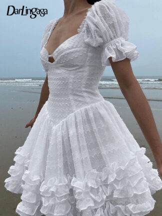 Купить Darlingaga Fashion Chic Jacquard Corset Summer White Dress Mini Ruffles Patchwork Pleated Dress Women Frills Ball Gown Sundress