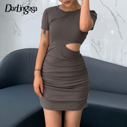 Купить Korean Fashion Ruched Bodycon Casual Dress Female Cut Out Basic Sexy Summer Dress Short Sleeve Sundress Cotton Solid