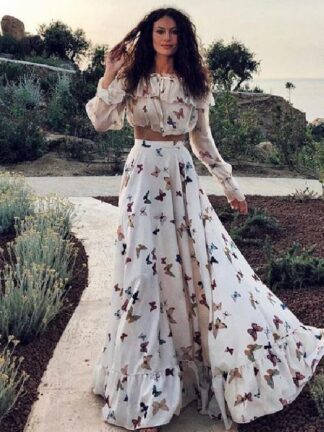 Купить 2021 Summer Butterfly Printing Two-piece Set Bohemian Beach Skirt Long Dress Fashion Female High Waist Pretty Long Skirt