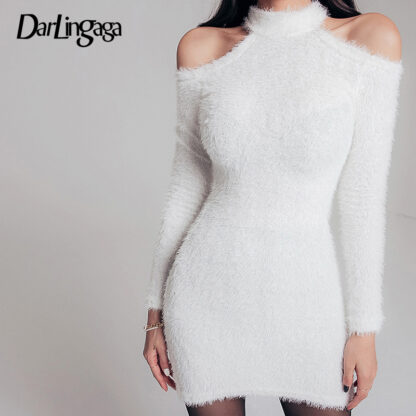 Купить Darlingaga Fashion Mohair Furry Cold Shoulder Bodycon White Dress Female Casual Solid Autumn Winter Knitted Sweater Dress Basic