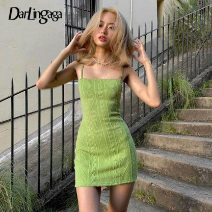 Купить Harajuku Strap Knitted Bodycon Green Summer Dress Women Hook Flowers Basic Casual Dress Mini Korean Cute Sundress New