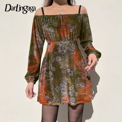 Купить Darlingaga Vintage Fairycore Graphic Print Off Shoulder Dresses Women Y2K Long Sleeve Korean Harajuku Party Dress 90s Aesthetic