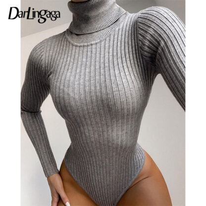 Купить Autumn Winter Ribbed Knitted Long Sleeve Bodysuit Women Skinny Basic Solid Body Femme Casual Turtleneck Bodysuits Top