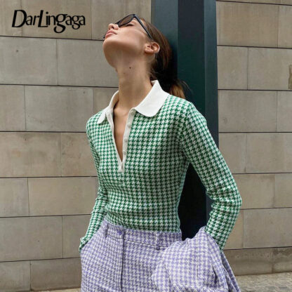 Купить Vintage Green Houndstooth Knitted Sweater Bodysuit Women Bodycon Autumn Winter Bodysuits Turn Down Collar Body Casual