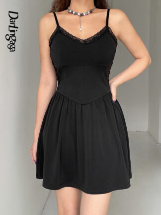 Купить Darlingaga Spaghetti Strap V Neck Lace Trim Mini Summer Dress Women Casual Backless Pleated Black Dress Basic Sundress Clothing