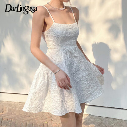 Купить Darlingaga Fashion Chic Strap White Jacquard Sexy Party Dress Female Backless Lace Up Elegant High Waist Pleated Dress Mini 2022