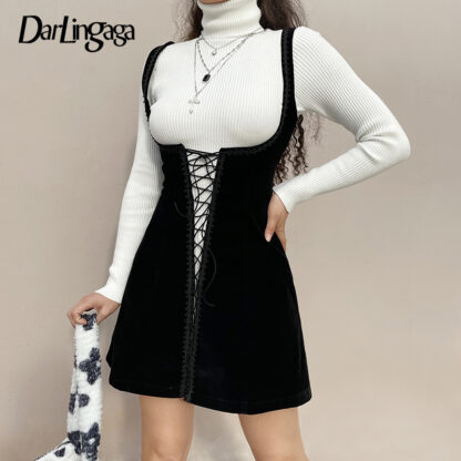 Купить Darlingaga Fashion Elegant Dark Academia Velvet Corset Party Dress Women Lace Up Embroidery Gothic Clothes Tank Dresses Outfits