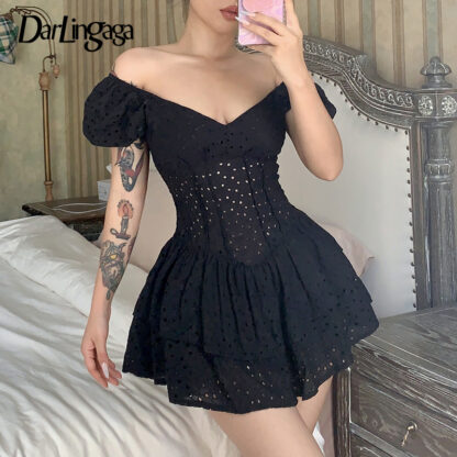 Купить Darlingaga Fashion Elegant Corset Ruffles Black Dress Female Double Layer Vintage Sexy Party Dress Birthday Hollow Stitching New