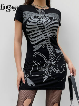 Купить Darlingaga Dark Academia Skeleton Print O Neck Bodycon Dress Mini Gothic Grunge Harajuku Summer Dresses Women Graphic Aesthetic