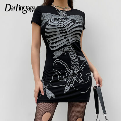 Купить Darlingaga Dark Academia Skeleton Print O Neck Bodycon Dress Mini Gothic Grunge Harajuku Summer Dresses Women Graphic Aesthetic