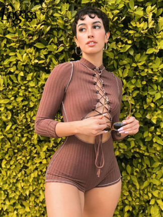 Купить Fashion Skinny Patchwork Brown Sexy Short Playsuit Women Lace Up Hollow Out Club Party Jumpsuit Biker Playsuits Body